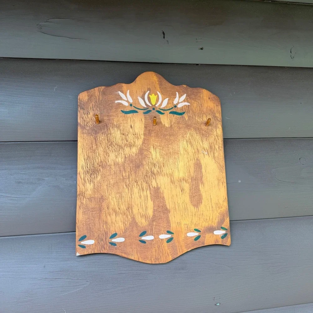 Vintage Wooden Wall Hanging Key Rack Brown Hand Painted Floral Folk Art Decor